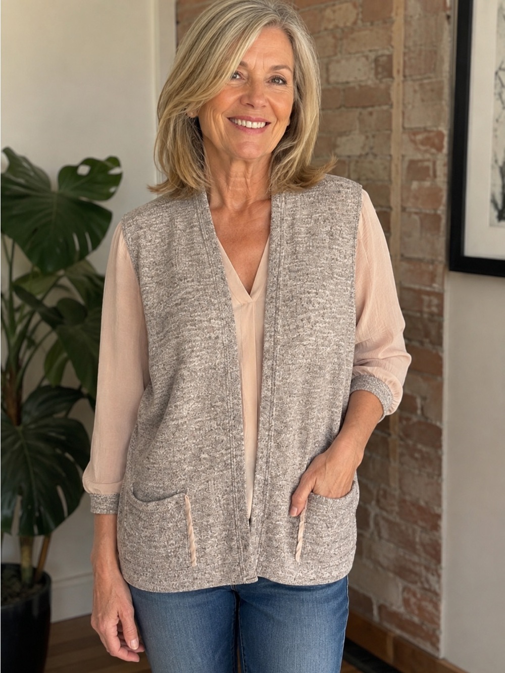 Open-Front Women's Knit Cardigan Sweater in Light Beige and HeatherGrey